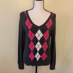 IZOD Argyle Sweater Gray Pink V-neck Cotton Medium Petite